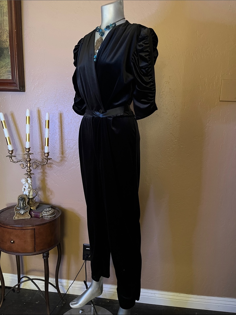 Vintage Eventually Yours Black Velvet Ruched-Sleeve Jumpsuit. Sz S